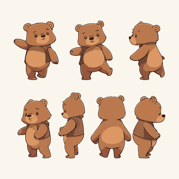 Little brown bear character different poses vector illustration