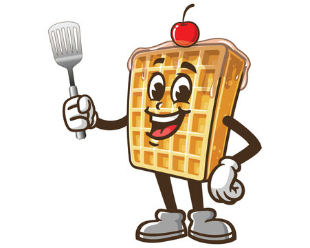 recommend clip art: Waffle with spatula cartoon mascot illustration character vector clip art hand drawn