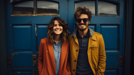 Couple posed next to old blue wooden doors -happy and confident - smiling - stylish fashion 