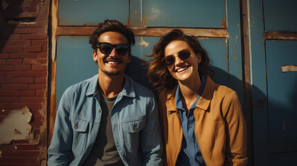 Couple posed next to an old brick building  -happy and confident - smiling - stylish fashion 