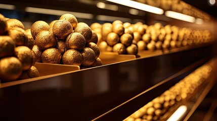 Indulging in Tasting Chocolate Balls on a Luxurious Golden Shelf Experience - obrazy, fototapety, plakaty