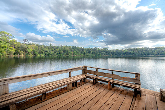 Lake Yeak Laom, Krong Ban Lung, Cambodia, view of Yeak Lom lake with wooden platform in foreground