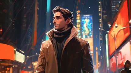 A men with with short straight brown hair in long coat standing in Christmas in New York. Generative AI
