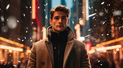 A men with with short straight brown hair in long coat standing in Christmas in New York. Generative AI - obrazy, fototapety, plakaty