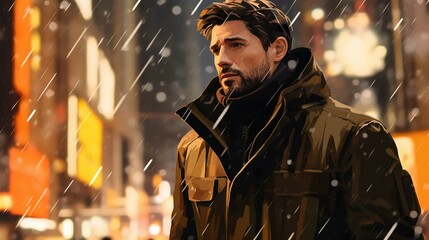 A men with with short straight brown hair in long coat standing in Christmas in New York. Generative AI - obrazy, fototapety, plakaty