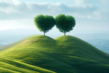 pastel tree in heart shape on the hill for valentine's day concept