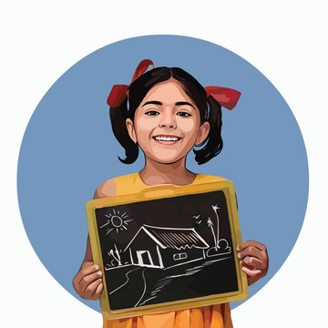 Girl holding a slate with picture drawn vector illustration