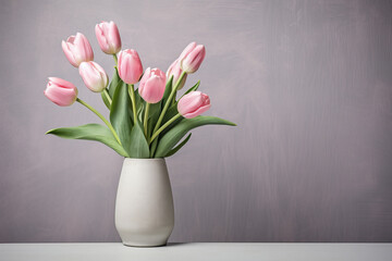 Table with glass vase and pink tulip bouquet in an elegant living space. AI Generative.