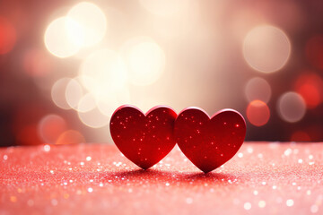 Bokeh lights on Valentine's Day red heart background. Symbolic concept of love. AI Generative.