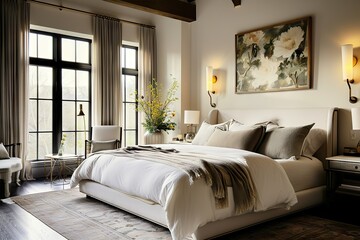 Charm of the Countryside French Country Elegance Meets Modern Comfort in a Farmhouse Bedroom's Interior Design. created with Generative AI