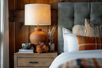Rustic Elegance Farmhouse Charm in a Modern Bedroom with Bedside Drawer, Lamp, Grey Fabric Headboard, and Wood Paneling Wall. created with Generative AI