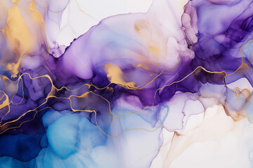 Delicated alcohol ink background blue purple gold colors banner
