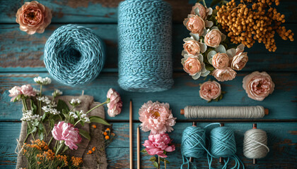 Yarn and knitting needles with flowers, materials for knitting kit. Hobby , DIY knitting concept 