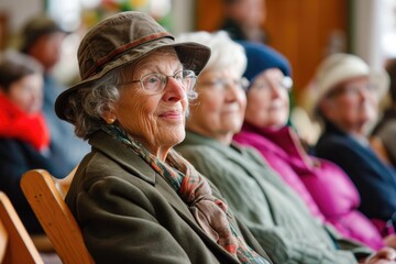 Happy elderly woman attends cultural events - obrazy, fototapety, plakaty
