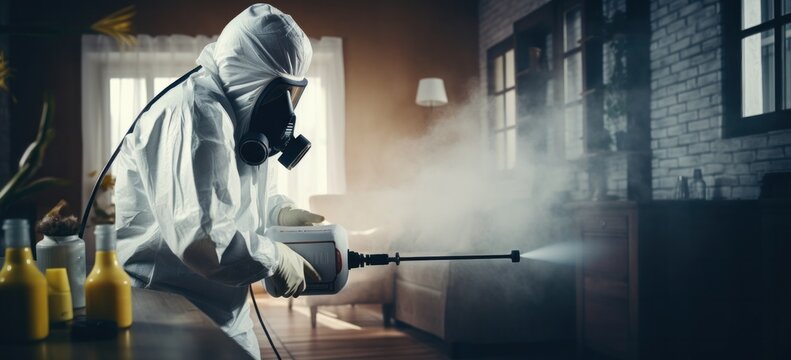 Professional exterminator using equipment to fumigate for pests. Pest control and safety.