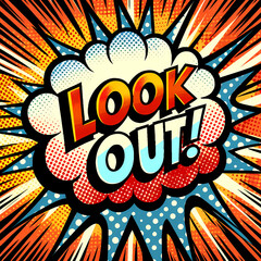 comic book-inspired graphic that features the phrase "LOOK OUT!" in an attention-grabbing, bold font, encapsulated in a speech bubble