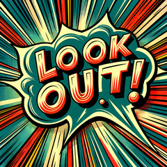 a bold, comic book style to express the phrase "LOOK OUT!!" The words are emphasised in a speech bubble with a dramatic burst effect in the background.
