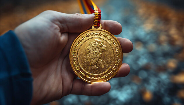 Hand holding gold medal, achievement, victory, first place concept. Horizontal image.