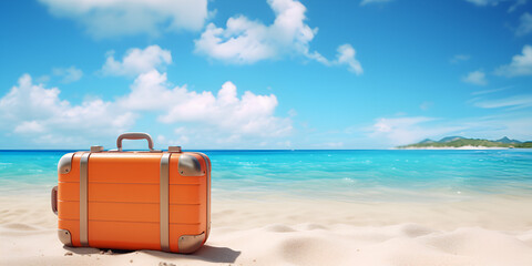 travel suitcase on beach.Coastal Adventure with Vintage Suitcase