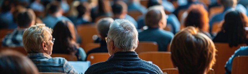 Elderly people attend lectures. Banner - obrazy, fototapety, plakaty