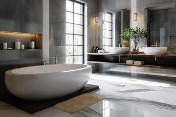 Timeless Elegance Stylish Marble Bathroom Featuring a Large Oval Bathtub, Twin Washbasins, and Copyspace for Text Enhancement. created with Generative AI