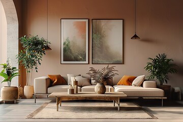 Earthy Elegance Modern Spacious Lounge with Cozy Natural Elements, Stylish Sofa, Wooden Table, and Plants - Copyspace for Text Enhancement. created with Generative AI