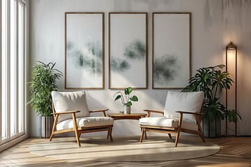 Two Armchairs in a Scandinavian Style Modern Living Room with White Wall and Big Frame Poster - Stylish Interior Design.. created with Generative AI
