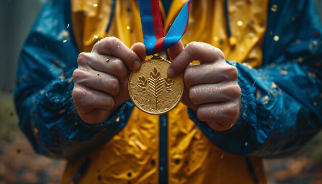 Winner athlete holding gold medal. Winner, competition, and achievement concept. Horizontal image. 
