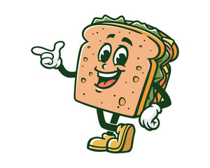 sandwich with pointing hand and relax pose cartoon mascot illustration character vector clip art hand drawn