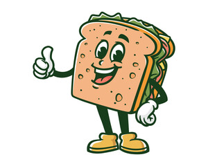 sandwich with thumbs up cartoon mascot illustration character vector clip art hand drawn