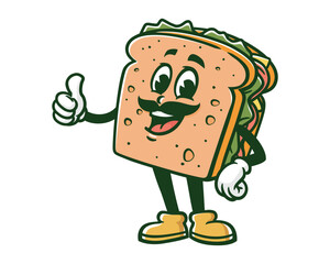 sandwich with mustache cartoon mascot illustration character vector clip art hand drawn
