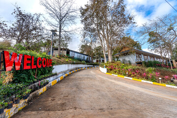 Fototapeta premium Pidoma resort, Krong San Monourom, Cambodia - January 1, 2024: Entrance of Pidoma resort.