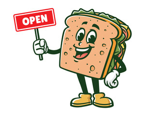 sandwich with open sign board cartoon mascot illustration character vector clip art hand drawn