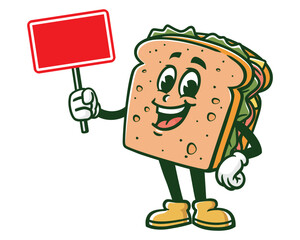 sandwich with blank sign board cartoon mascot illustration character vector clip art hand drawn