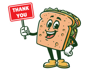 sandwich with thank you sign board cartoon mascot illustration character vector clip art hand drawn