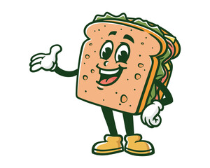 smile sandwich with welcoming hand cartoon mascot illustration character vector clip art hand drawn