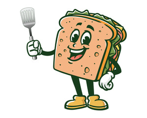 sandwich with spatula cartoon mascot illustration character vector clip art hand drawn