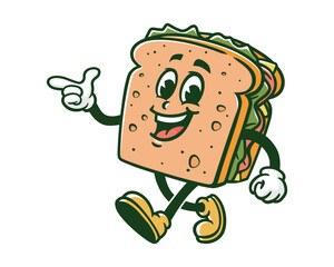 walking sandwich with pointing hand cartoon mascot illustration character vector clip art hand drawn