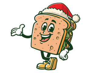 Fototapeta premium sandwich wearing a Christmas hat cartoon mascot illustration character vector clip art hand drawn