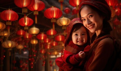 Fototapeta na wymiar chinese woman and her baby near lanterns, chinese new yar