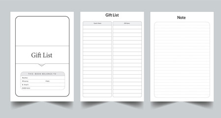 Editable Gift List Planner Kdp Interior printable template Design.
