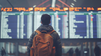Traveling by airplane. Man walkingand standing with backpack in fornt of the flight board and suitcase walking through airport terminal and looking at departure information. Lifestyle vacation concept