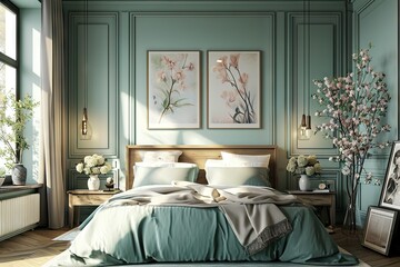 Charm of Provence French Country Style Interior Design in Modern Bedroom with Tranquil Mint Color Wall - Elegance and Comfort.. created with Generative AI