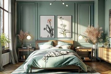 Charm of Provence French Country Style Interior Design in Modern Bedroom with Tranquil Mint Color Wall - Elegance and Comfort.. created with Generative AI