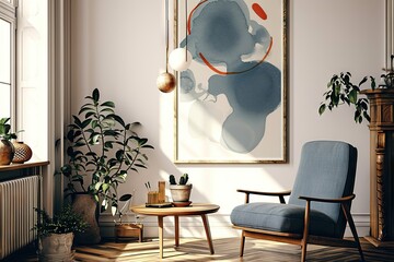 Mid-Century Serenity Blue Armchair Near Wooden Long Coffee Table Against White Wall with Big Art Canvas Poster Frame in Modern Living Room. created with Generative AI