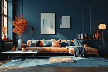 Chic Contrast Beige Corner Sofa in a Modern Living Room with Dark Blue Walls - Contemporary Elegance and Cozy Comfort.. created with Generative AI