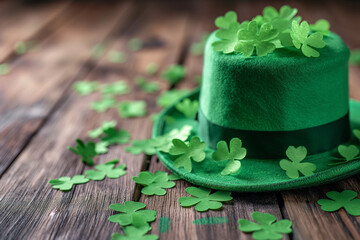 St Patrick's Day festival, happy celebration concept. hat and green shamrock clover leaf on wooden table. Copy space for text.