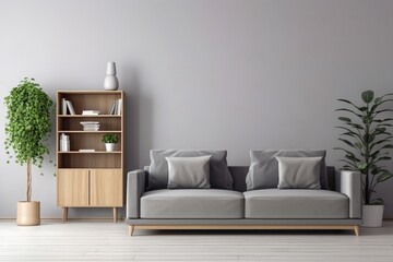 A modern living room with a gray sofa, wooden bookshelf, and plants