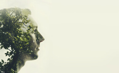 Flower pot and person face mesh silhouette | Plants mixed portrait of a face | Wide wallpaper for quotes or type