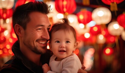 father with baby in front of lanterns